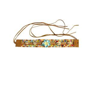 Brown Suede Leather Hat Band Choker Necklace Beaded Flower Shells Adj 1.25" Wide
